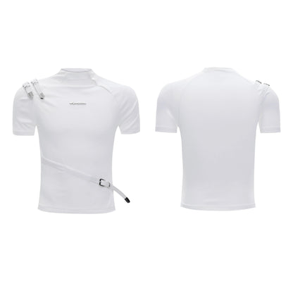 Men's black slim fit cotton T-shirt with a metal belt detail on the stand-up collar.