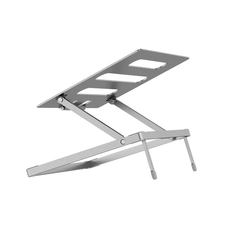 Silver aluminium alloy folding laptop cooling rack on a wooden desk