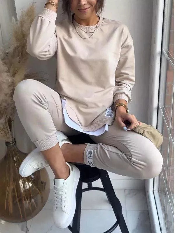 Women's slit design sweatshirt and slim-fit trousers set in various colors