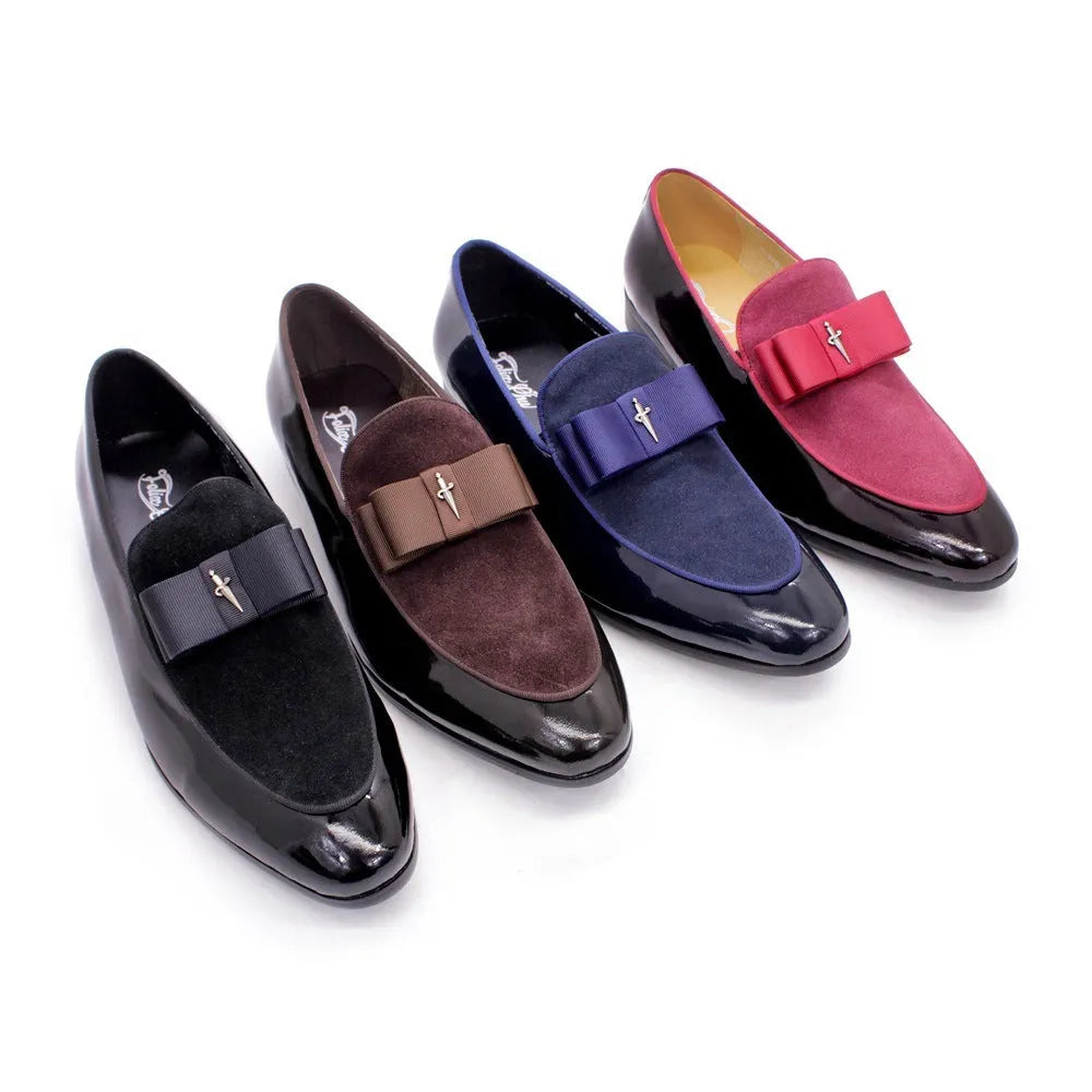 Men's low-top patent leather shoes with tassel detail in black, sizes 39-46, on a neutral background