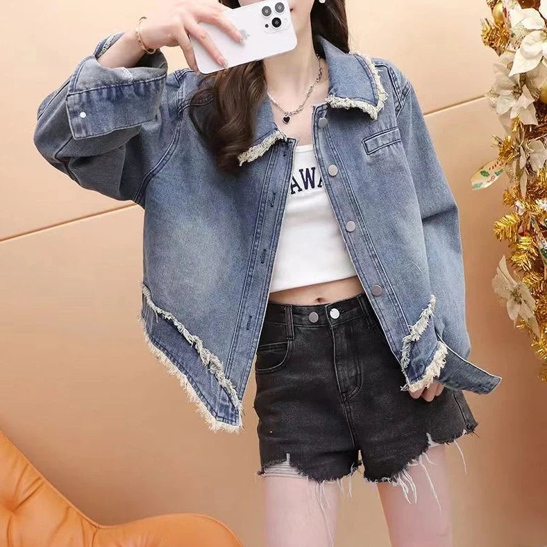 Short petite denim jacket for women with chenille fabric and spandex blend, designed for spring and autumn wear, available in sizes S to 3XL with specific weight recommendations for each size.