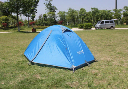 Double layer rainproof camping tent in green, orange, and blue colors for high altitude adventures