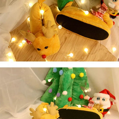 Christmas elk slippers for couples in yellow and khaki, plush material, sizes 35-43