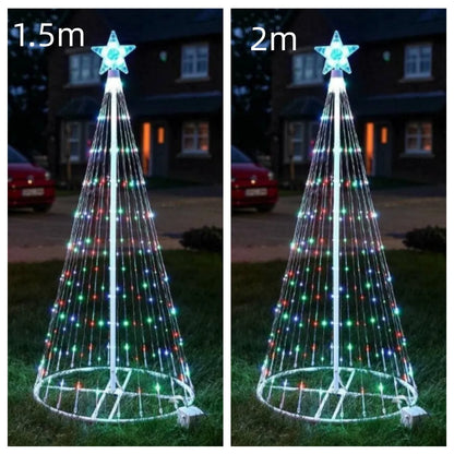 Multi-colour LED animated outdoor Christmas tree lights showing garden installation with 1.5m and 2m size options