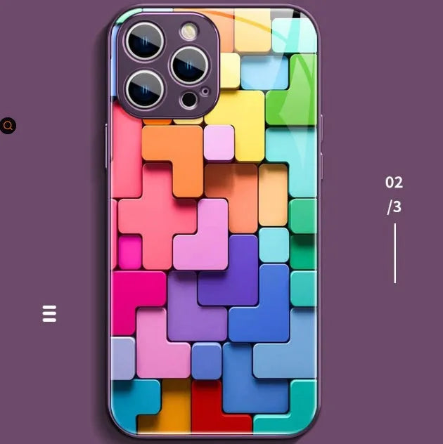 Colourful geometric building block pattern silicone back cover for iPhone, shown in glossy finish.