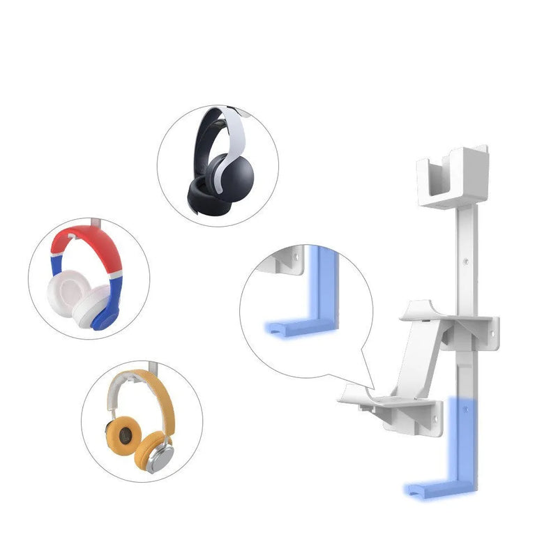 Remote control wall-mounted storage hooks with ABS plastic construction for storing controllers, headphones, and game console accessories, available in black or white finish, ideal for PlayStation, Xbox, or Nintendo Switch setups.