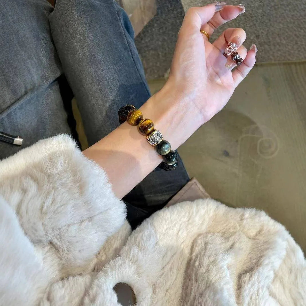 Tigereye stone women's bracelet with silver gold inlay finish and double fight design