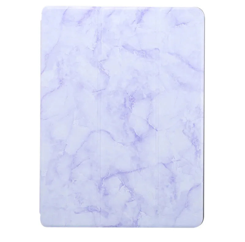 Tri-fold iPad case with marbling design showing pen slot and available in five colours including dark gray and purple