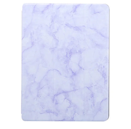 Tri-fold iPad case with marbling design showing pen slot and available in five colours including dark gray and purple