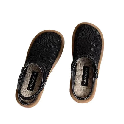 Women's beige linen slip-on shoes with mesh lining and a soft rubber sole.
