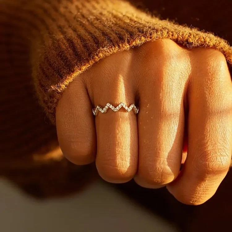 Wave Pattern Zircon Inlaid Ring Adjustable Opening 925 Sterling Silver Gold or Silver Geometric Wavy Zigzag Ring Gift for Daughter with Highs and Lows Message Size 9 to 17