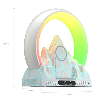Colorful Flame Mountain wireless charging alarm clock showing 237mm width and charging surface
