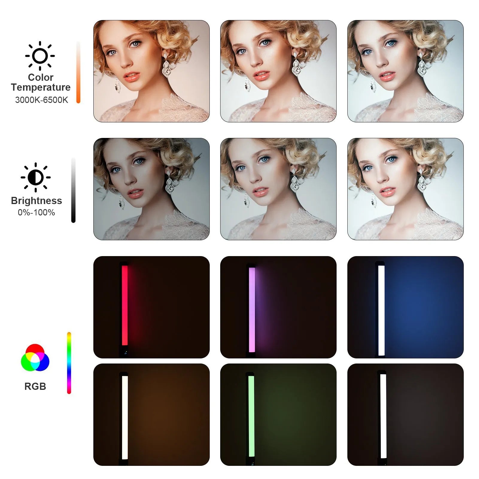 Handheld dual colour temperature LED photography fill light stick with RGB modes and USB charging
