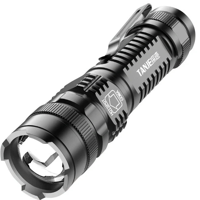 Black mini telescopic LED flashlight showing adjustable focus and pen-like design with clip attachment