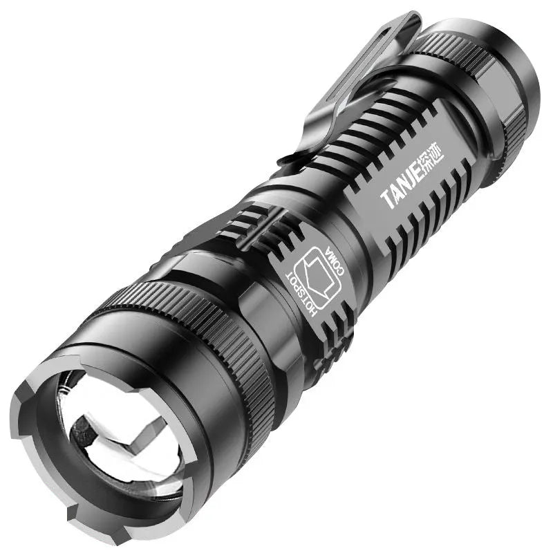 Black aluminium alloy telescopic LED flashlight with a pocket clip, shown zoomed in and out.