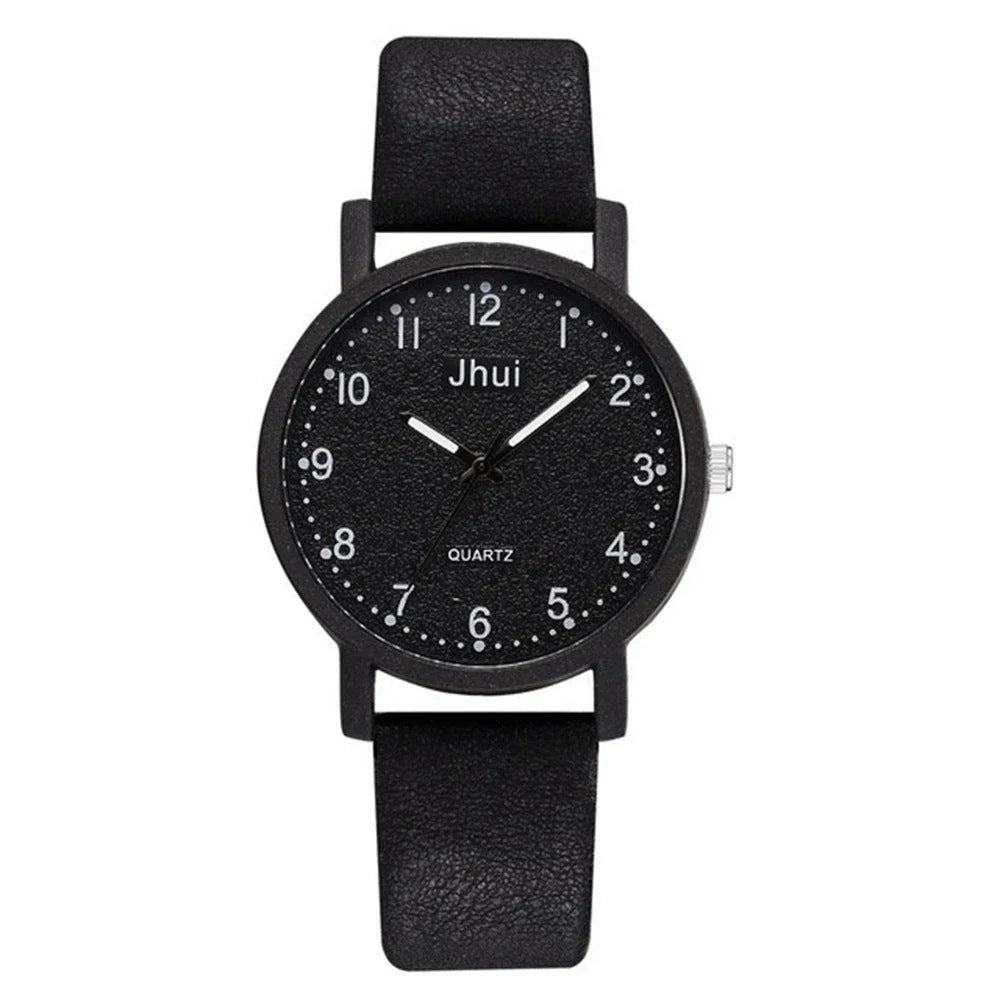 Stylish quartz watch with simple numeric dial, stainless steel clasp, and PU leather strap in various colors