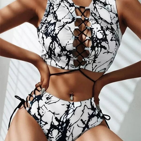 Ladies black and white tie-dye bikini swimwear set with top and pants