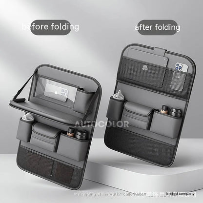 Leather car seat lazyback storage bag with foldable dining table, waterproof, 1.2kg, 48 x 25 x 6cm, in four colours.