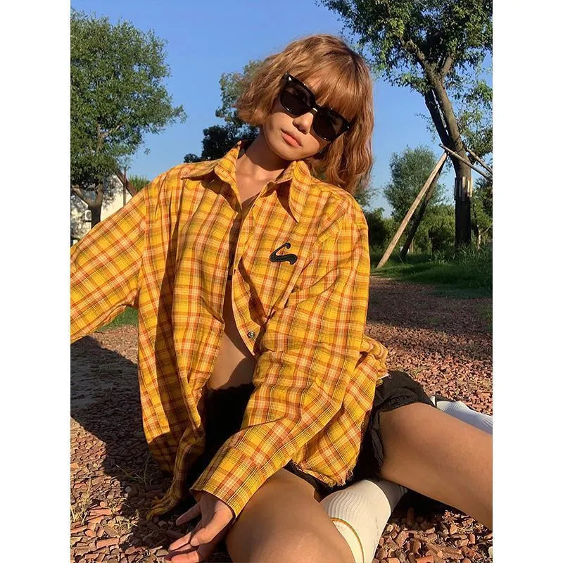 Dopamine yellow plaid shirt with loose-fit design and cardigan style for casual wear