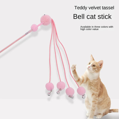 Funny cat stick toy with colourful feather tassel on elastic cord, shown in blue, pink, and purple options.