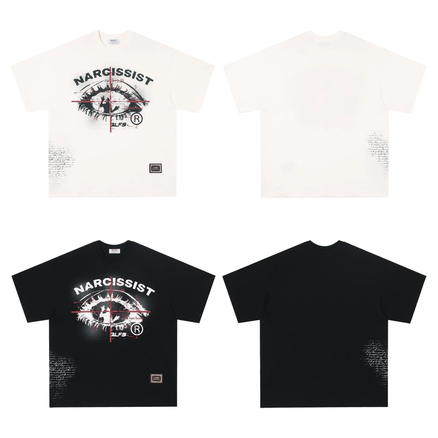 Black and white graphic t-shirt with retro hip hop gothic letter print, short sleeves.