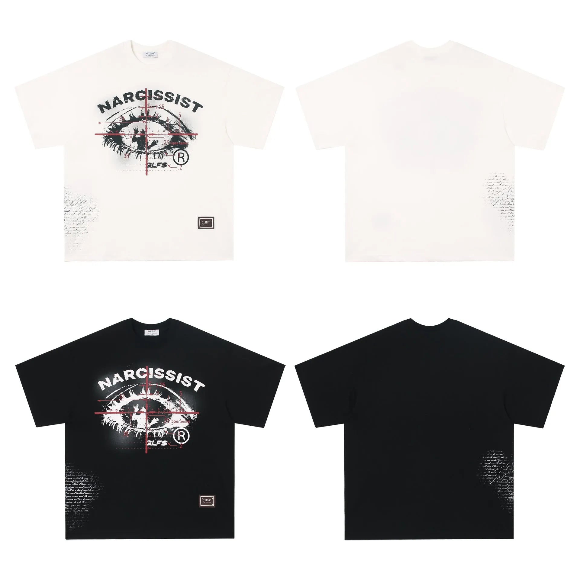 Black and white graphic t-shirt with retro hip hop gothic letter print, short sleeves.