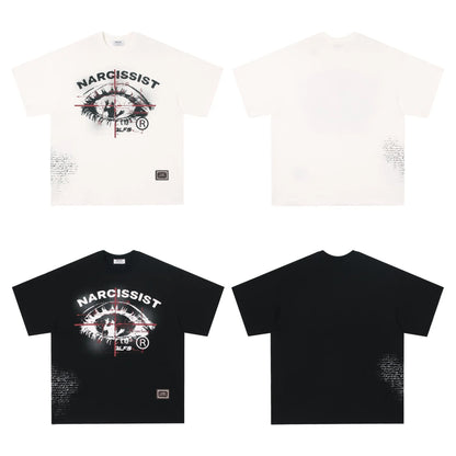 Black and white graphic t-shirt with retro hip hop gothic letter print, short sleeves.