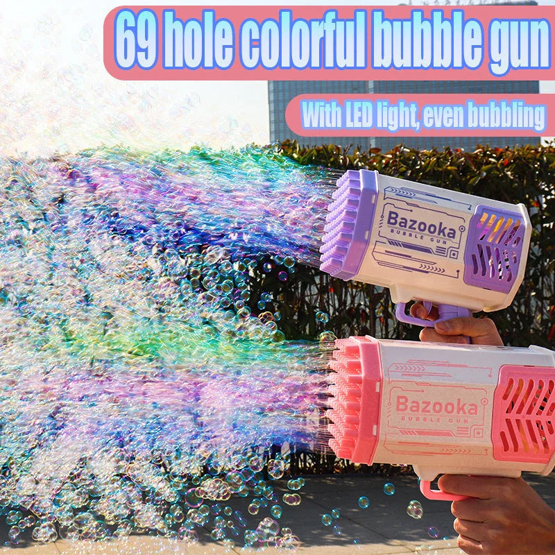 Powerful 69-hole bubble blasting rocket launcher with colorful LED lights for endless bubble-popping fun