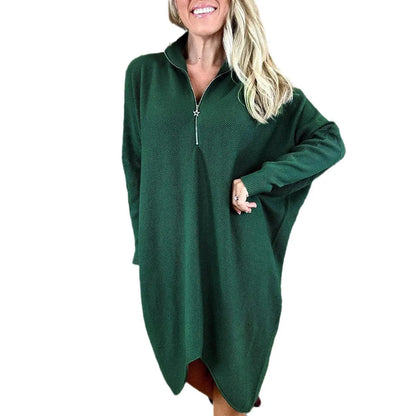 Women's solid colour loose fit knitted dress with raglan sleeves and a front zipper.