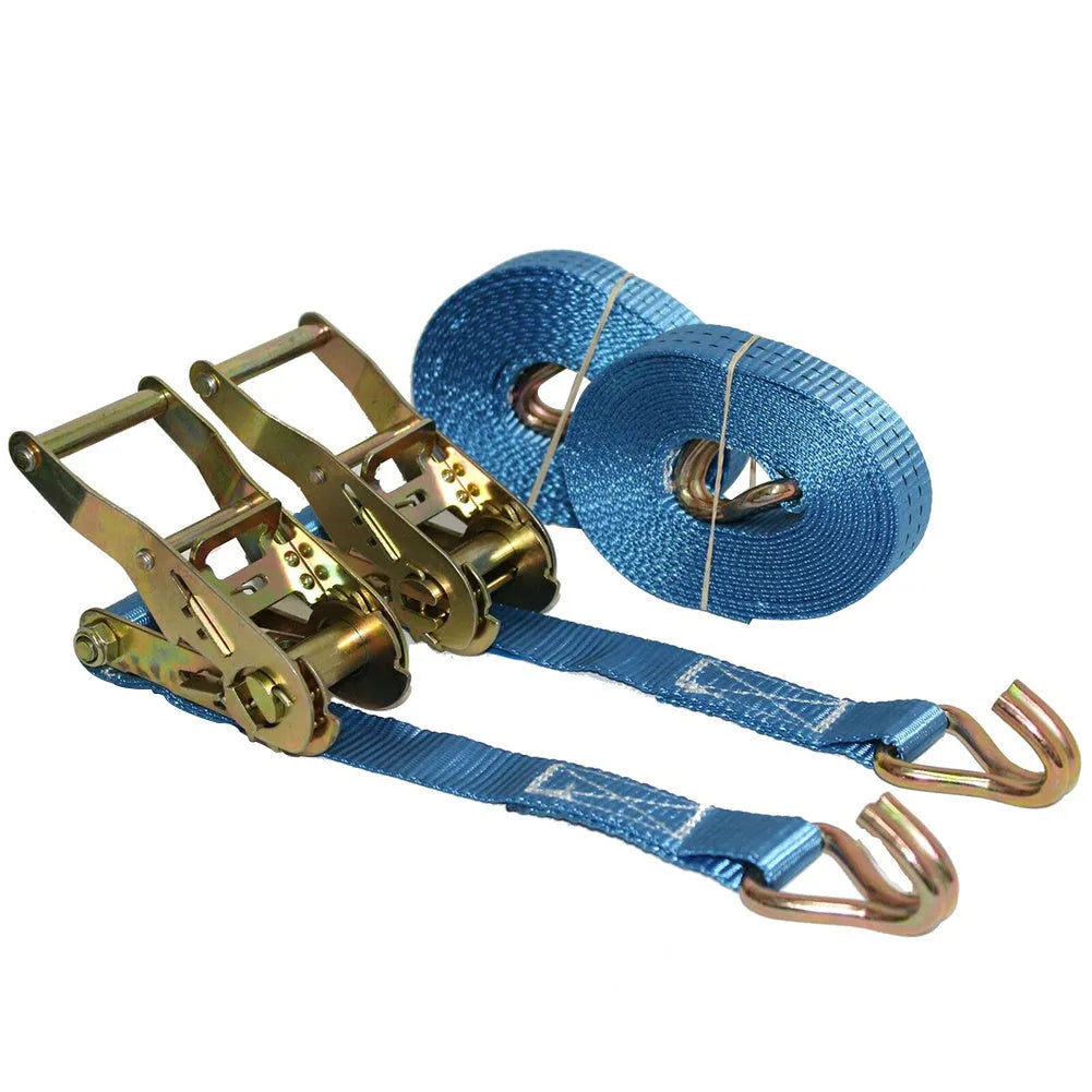 Heavy duty steel ratchet tensioner strap with double hooks and polyester webbing for cargo securing.