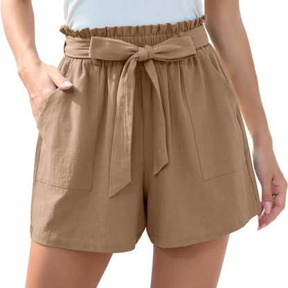 Women's summer beach shorts with ruffle bow waist tie and pockets in various colors