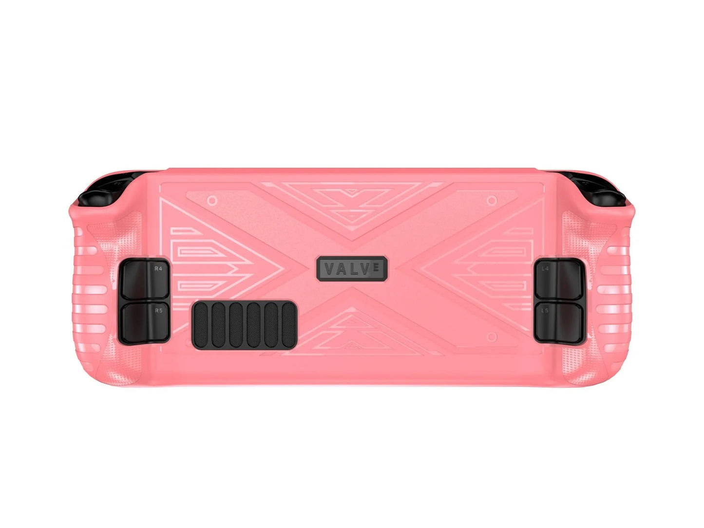 Red, blue, and black flexible silicone protective covers for a Steam Deck game console.