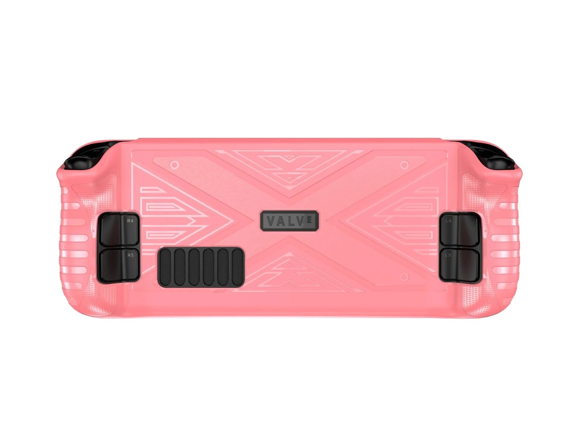 Red, blue, and black flexible silicone protective covers for a Steam Deck game console.