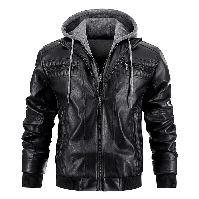 Men's black and brown hooded PU leather jacket with zipper pockets