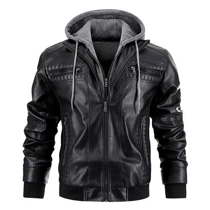 Men's black and brown hooded PU leather jacket with zipper pockets