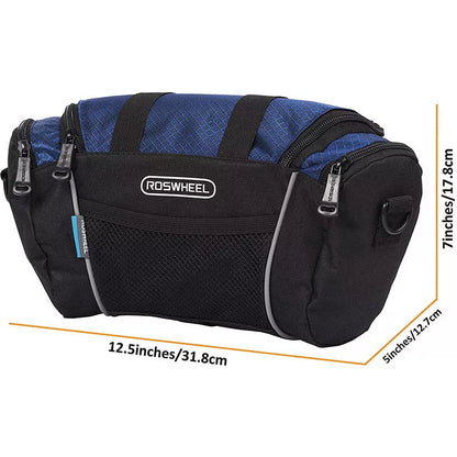 Mountain bike handlebar bag in navy blue and silver gray, durable canvas construction