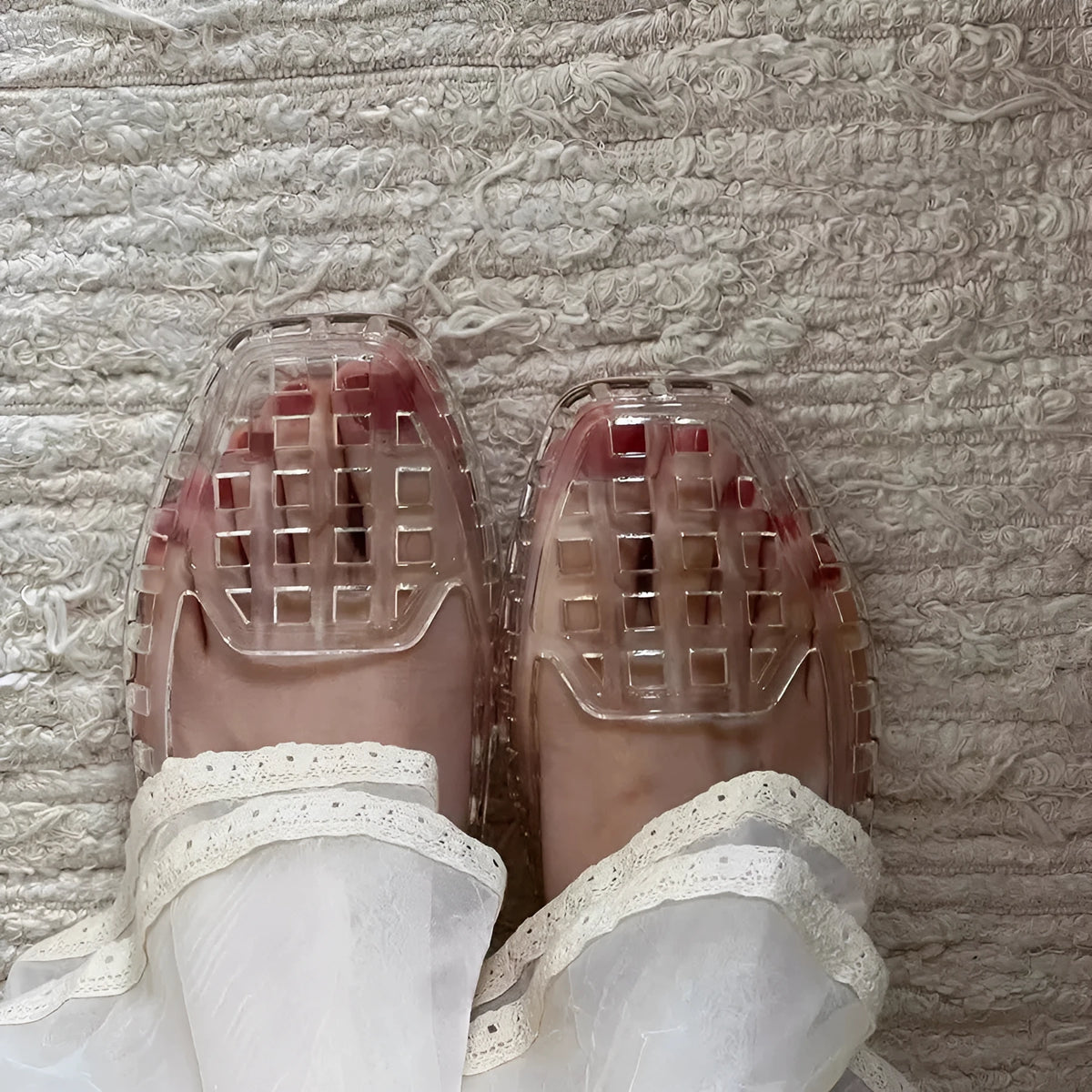 Square toe PVC gel sliders in multiple colours on a white background.