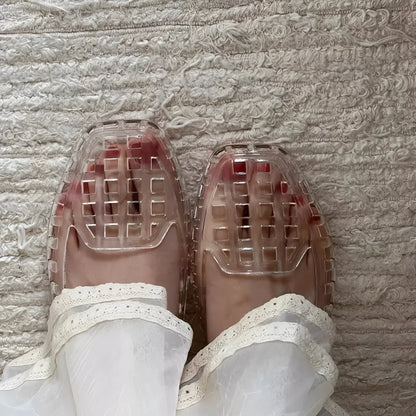 Square toe PVC gel sliders in multiple colours on a white background.