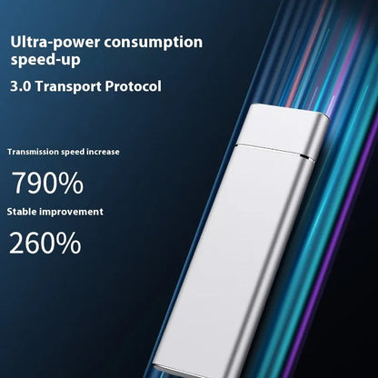 Sapphire blue portable solid state hard drive with metal case measuring 10.3cm