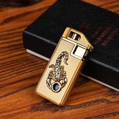Scorpion Chip Gas Lighter with zinc alloy housing in gold or silver finish, 65mm length