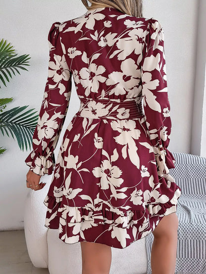 Floral printed V-neck long sleeve chiffon dress with ruffles and bowknot