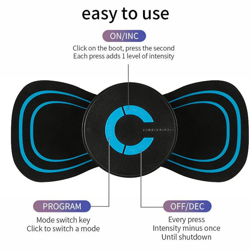 Black HQ-185 mini electric shoulder and neck massager with massage patch, showing compact 15cm size.