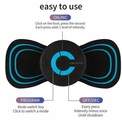Black HQ-185 mini electric shoulder and neck massager with massage patch, showing compact 15cm size.