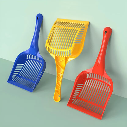 Red, yellow, and blue plastic cat litter scoops shown in small and medium sizes.