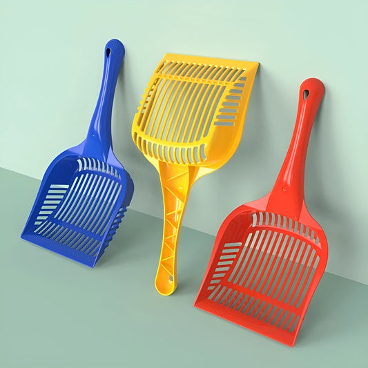 Red, yellow, and blue plastic cat litter scoops shown in small and medium sizes.