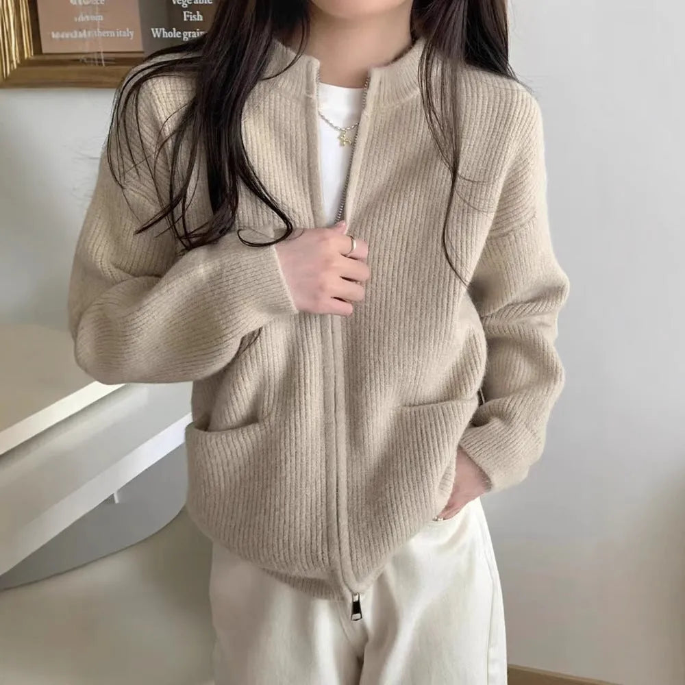 Long-sleeve viscose fibre sweater coat in beige, grey, black, or khaki, showing cardigan style and size options