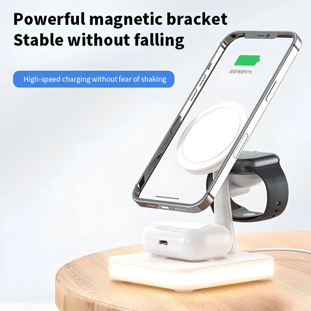 Black three-in-one wireless charger magnetic bracket on a desk charging multiple devices
