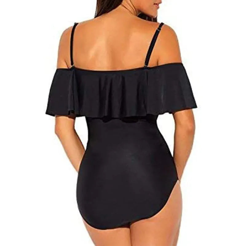 Black one-piece swimsuit with ruffled straps and cut-out design for swimming sports