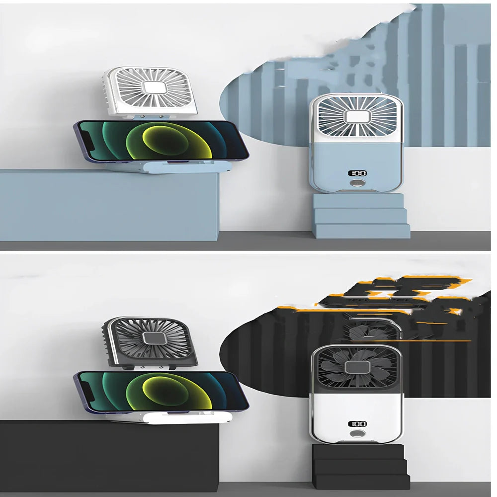 F30Pro folding portable handheld fan in white with digital display, 169x81x20mm size, USB charging, plastic blades for cooling