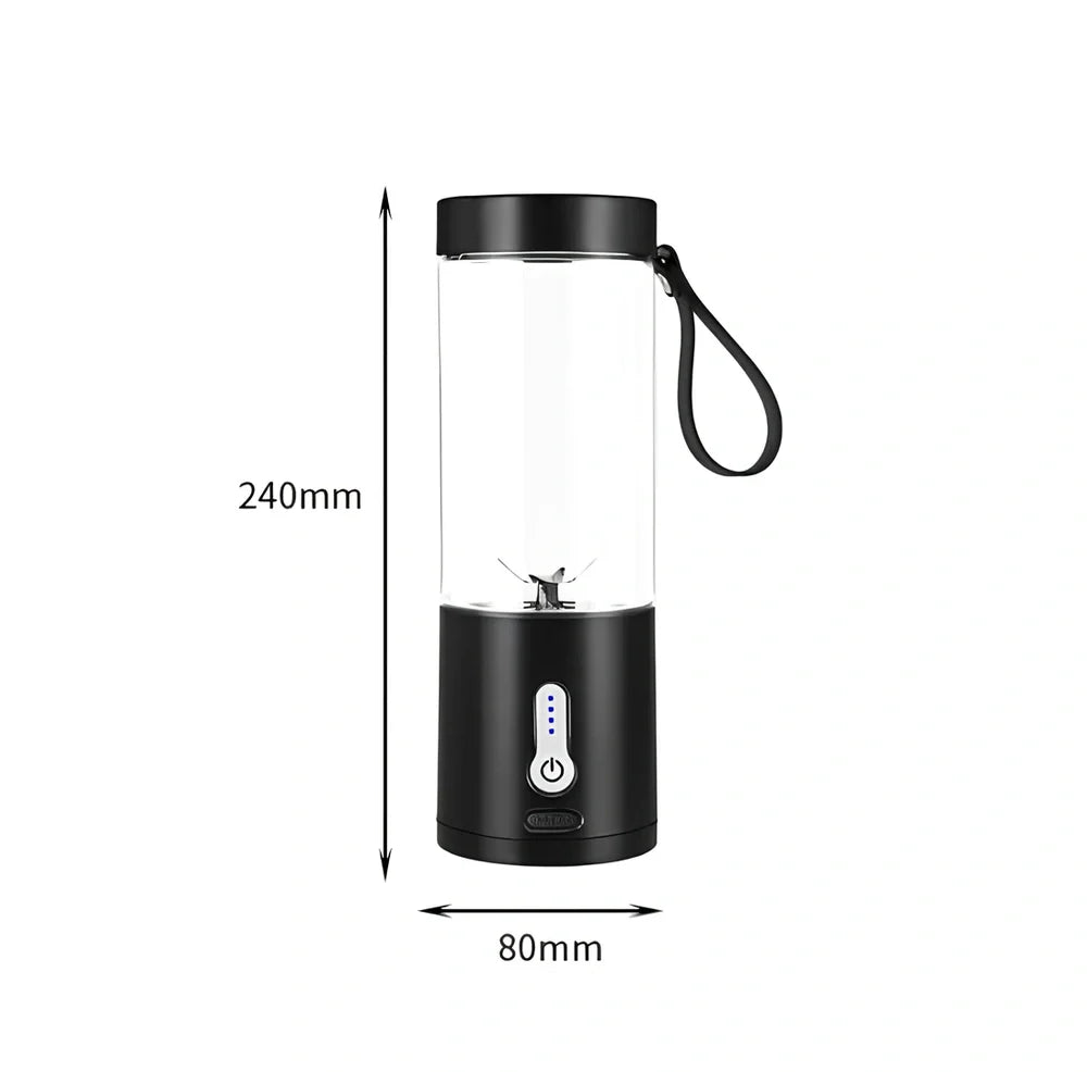Black portable juicer with 530ml cup, USB charging port, and round feeding port for whole fruits